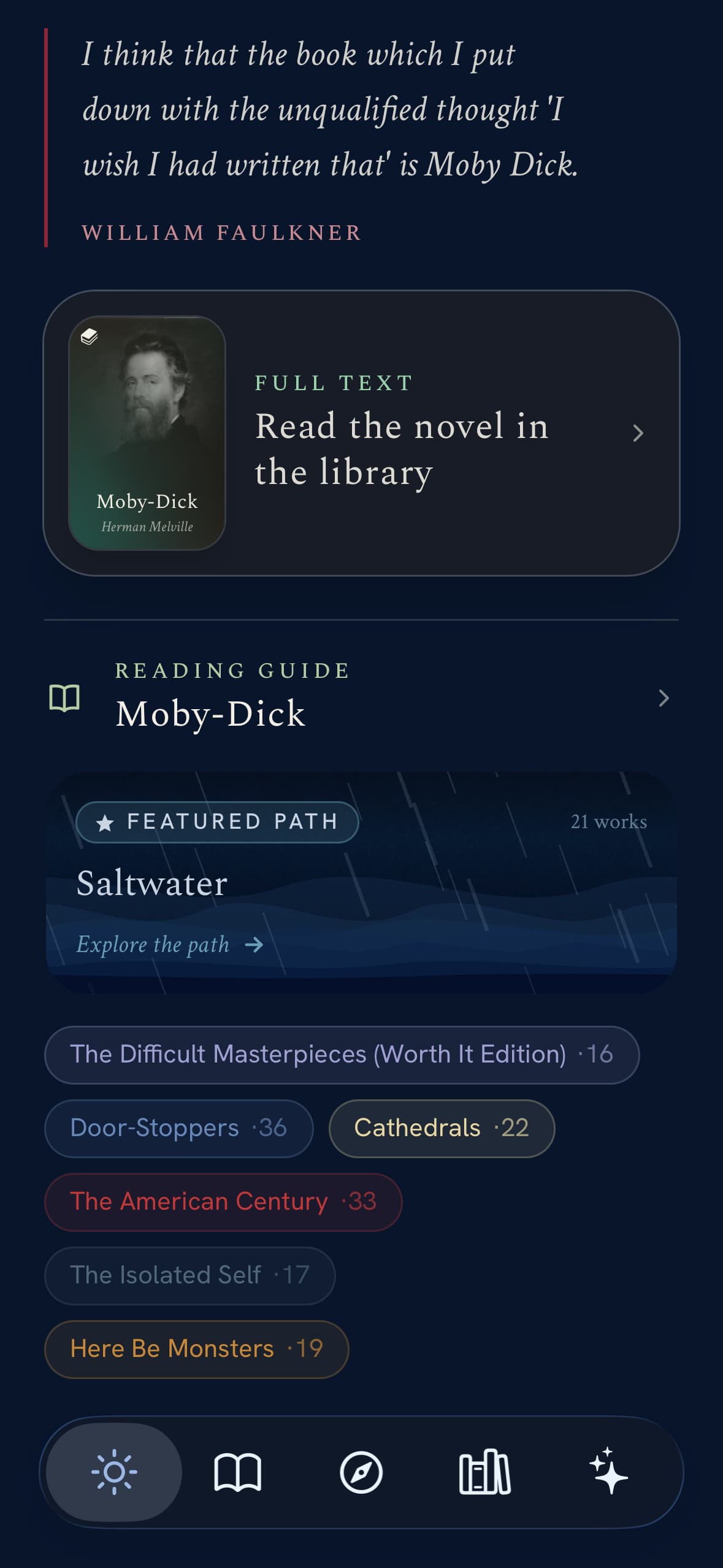 The Daily Canon app showing the full text of Moby-Dick in the reader