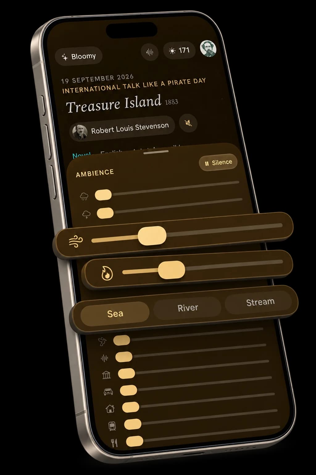 The ambience desk on the Treasure Island day page, with sliders for wind, fire and the sea