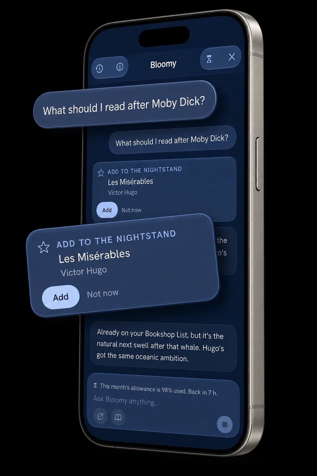 Bloomy answering "What should I read after Moby Dick?" with Les Misérables and a button to add it to the Nightstand
