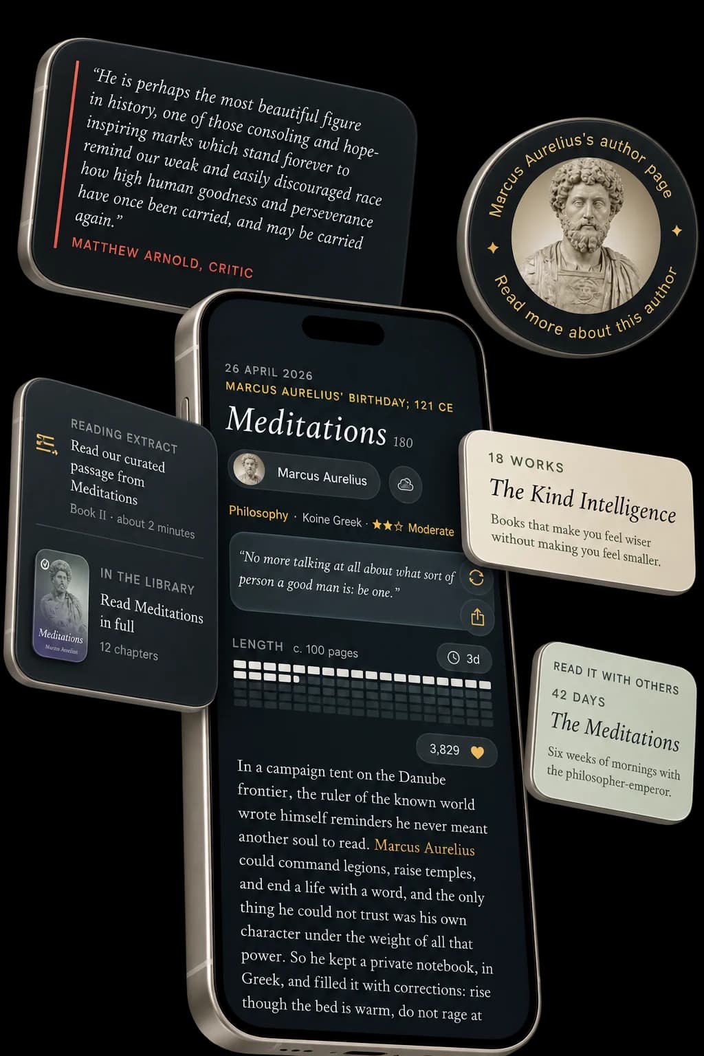 The Meditations day page opened up: a critic on the book, the author page, a curated passage, the book in the Library, a reading path and a read-along