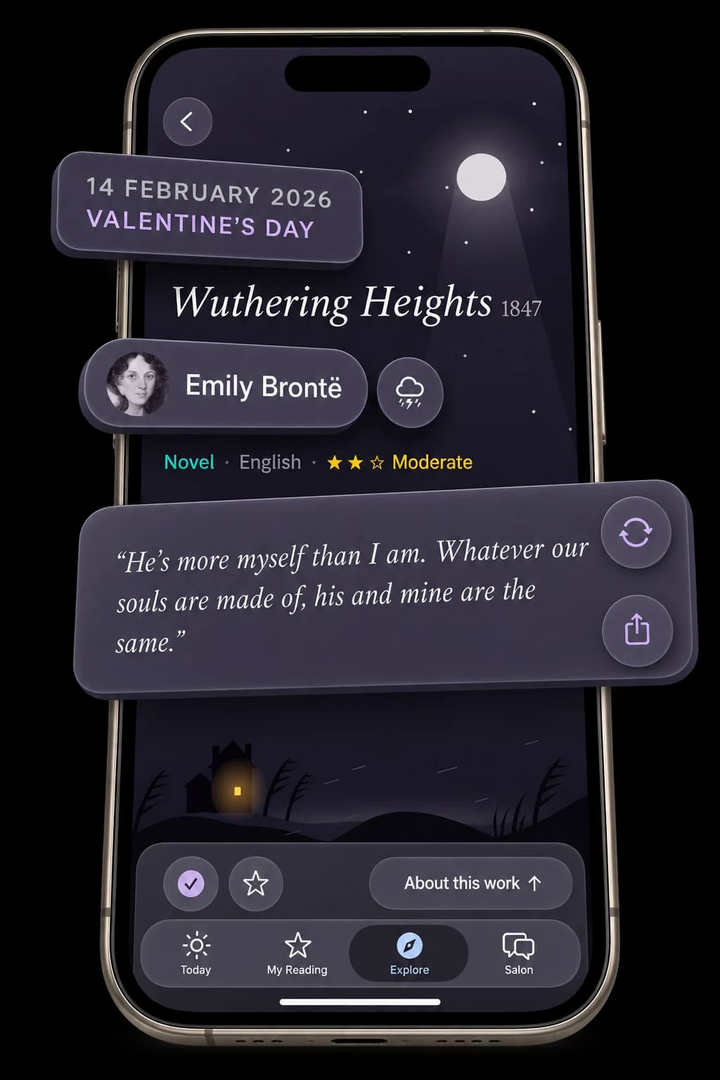 The day page for Wuthering Heights on 14 February, Valentine's Day, with its date, its author and a line from the book lifted off the screen