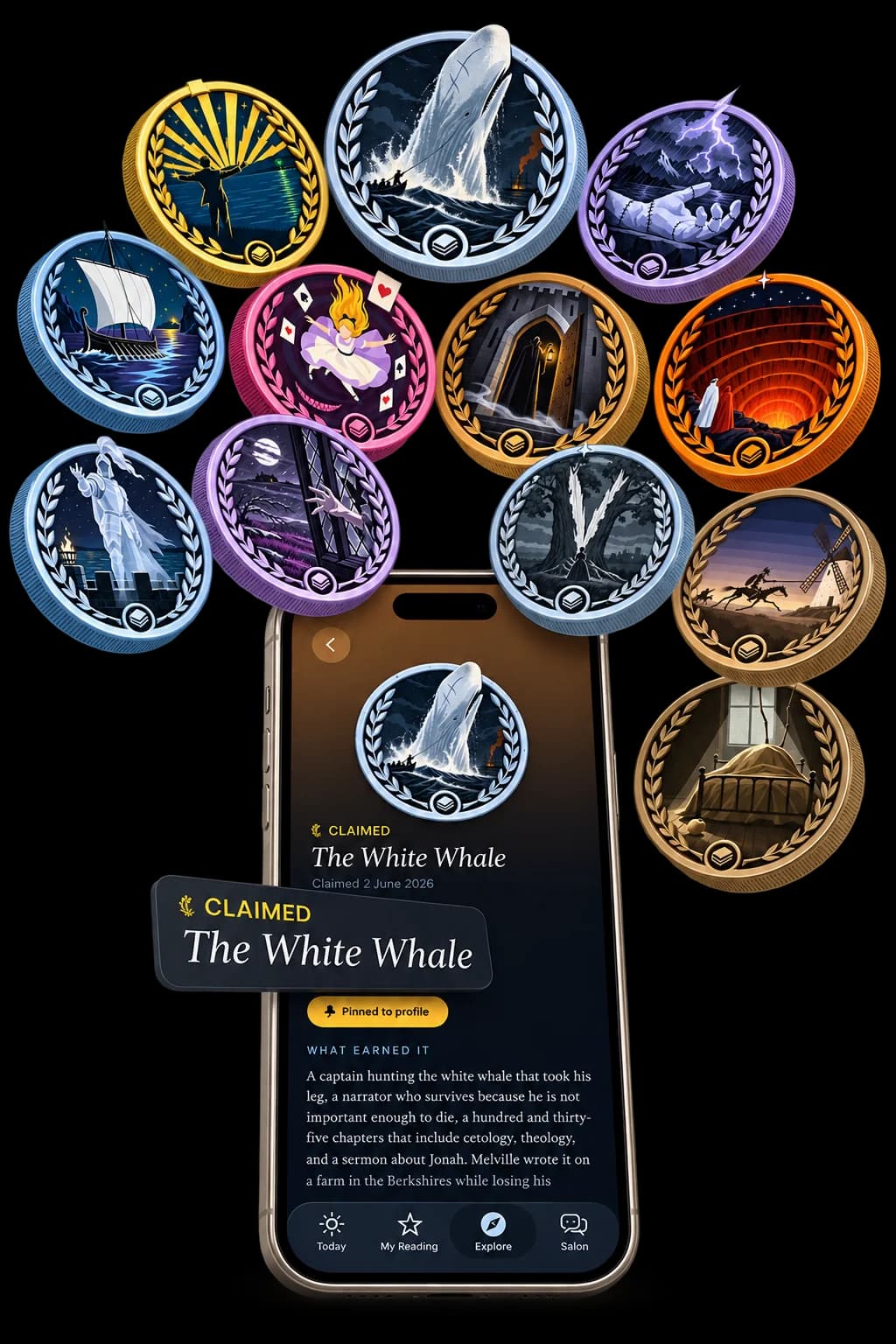 A dozen painted laurels bursting out of a phone that shows the Moby-Dick laurel, The White Whale, claimed