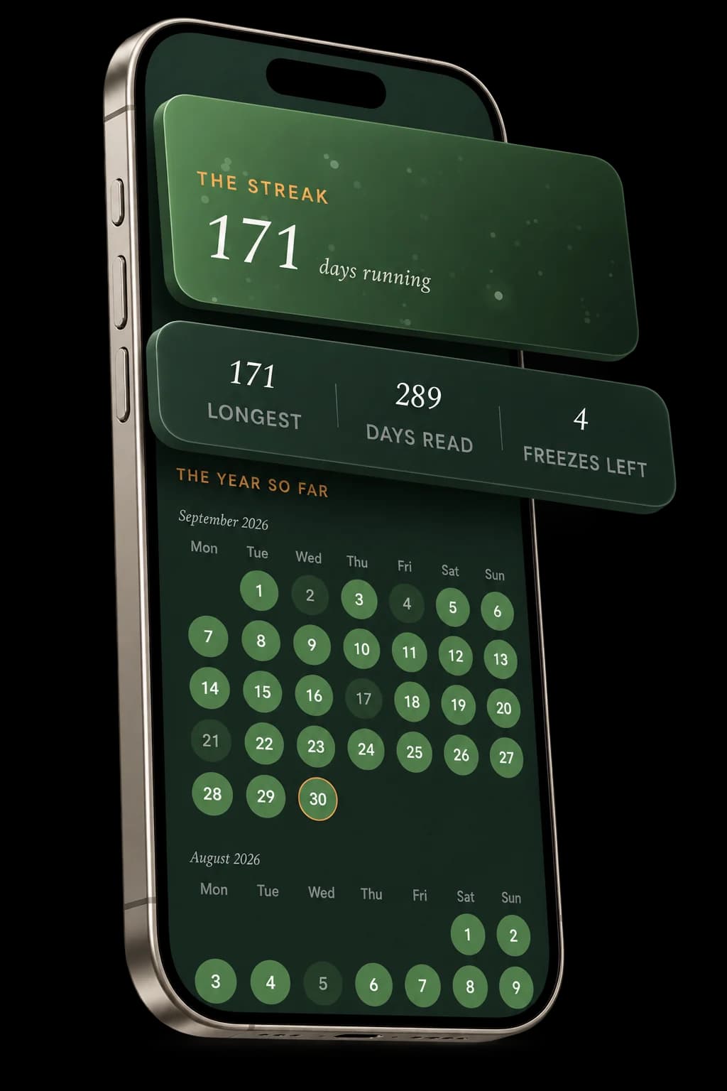 The streak: 171 days running, over a calendar of the year with the days read filled in