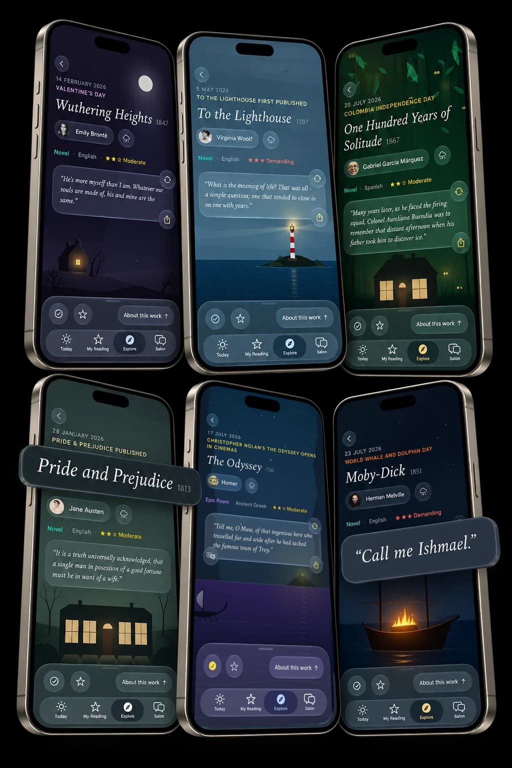 Six day pages, each on its own painted background: Wuthering Heights, To the Lighthouse, One Hundred Years of Solitude, Pride and Prejudice, the Odyssey and Moby-Dick